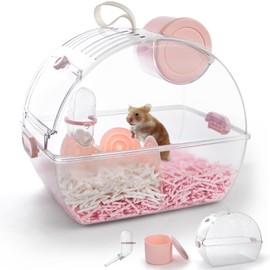 Small Portable Hamster Cages,13×8.2×10.8 Inch Hamster Carrier with Water Bottle,Dwarf Hamster Travel Cage with Storage Box,360º Transparent Acrylic Pet Travel Carrier Cage,Outdoor Animals Carry(Pink)