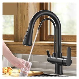Matte Black Filtered Crane for Kitchen Pull Out Spray 360 Rotation Water Filter Tap Three Ways Sink Mixer Kitchen Faucet (Color : Type A-Black Gold)