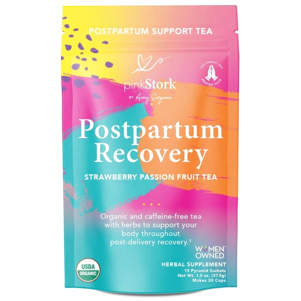Pink Stork Postpartum Recovery Tea: Strawberry Passion Fruit, Postpartum Recovery Tea for After Baby, 100% Organic, Supports Labor & Delivery, Women-Owned, 30 Cups