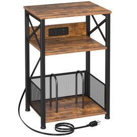 AMHANCIBLE Record Player Stand with Charging Station, Turntable Stand with Storage Cabinet, 3 Tier End Table Hold Up to 100 Albums, Record Stand for Vinyl, Living Room, Rustic Brown, HETCD01BR-1