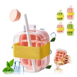 Ice Cube Bottle, 2 in 1 Iced Tray Cup, with Lid and Strap Easy Press to Release Vertical Cool Summer Ice Cube Tray for Freezer Portable and Waterproof Used as Water Cups (Pink, Small)