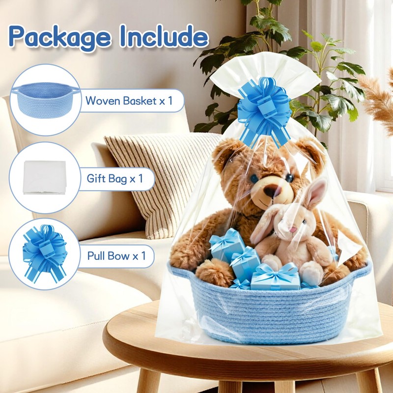TONIFUL Blue Small Woven Basket with Gift Bag and Pullbow