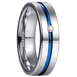 Phyonio 6/8mm Tungsten Rings for Men Wedding Ring Silver Rings Blue Thin Line Beveled Edge with Cubic Zircon Inlay Promise Ring Engagement Band Dome Style Size 6