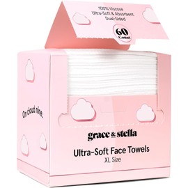 grace & stella Disposable Face Towels - Travel Essentials - Ultra-Soft & Absorbent Face Wipes Towelettes - XL Facial Towels for Cleansing & Makeup Removal - Lint-Free Facial Tissue - Vegan (60 Count)