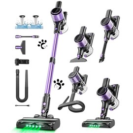 Cordless Vacuum Cleaner, 10 in 1 Stick Vacuum with Powerful Suction, Hose, Green LED Light, Anti-Tangle Brush, Lightweight Rechargeable Vacuum Cleaner for Home, Hardwood Floors,Pet Hair (Purple)