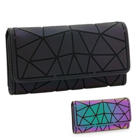 CAFINY Holographic Reflective Makeup Bag, Small Cosmetic Bag for Woman, Daily Use Make up Pouch, Geometric Luminous Toiletry Bags, Portable Wristlets Travel Clutch, Foldable Organizer Case…, Wallet-Trifold