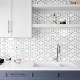 VEELIKE 12-Sheet White Hexagon Tile Peel and Stick Backsplash for Kitchen Backsplash Tiles Peel and Stick Waterproof Self Adhesive Back Splashes Stick on Tiles for Kitchen Bathroom Removable 12''x12''