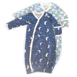 Cambria Baby 100% Organic Kimono Gowns. Side Snaps with Built in Mitts. (Blue Moon and Elephant, 0-6 Months), Boy
