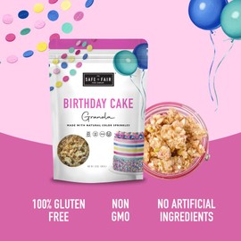 Safe + Fair Birthday Cake Granola – Gluten-Free, Vegan & Plant-Based Snack with Natural Sprinkles – 0g Trans Fat, Non-GMO, Kosher, Allergen-Free, Whole Grain - 12oz