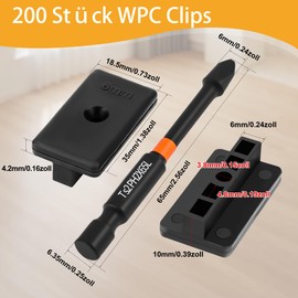 Vipuikos Pack of 200 WPC Clips 6 mm Hidden Attachment with T-Clip with Bit Screwdriver, 6 mm Patio Clips Plastic for WPC/BPC Flooring Clips, Black WPC Mounting Clips 35 x 18.5 x 10 mm