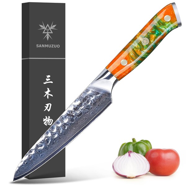 SANMUZUO Cuchillo Utilitario, Cuchillos Profesionales de Cocina 13cm, cuchillos de frutas y verduras, 67 capas de acero de Damasco forjado y mango de resina - Serie Yao