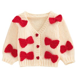 XIXIMAON Toddler Baby Girls Cute Knitted Cardigan Sweaters v Neck Button Down Long Sleeve Bow Deco Chunky Sweater Knitwear Fall Winter Warm Clothes (White, 2-3 Years)