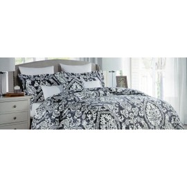 Tahari 3 Piece Full Queen Size Cotton Duvet Cover Set Cream Ivory Scroll Pattern Medallions Birds on Blue