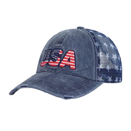haozaikeji Vintage Denim Baseball Cap Unisex Mesh Sun Hat Cotton Trucker Hat for Men Women with USA Embroidery Snapback Summer Cap Washed Adjustable Breathable