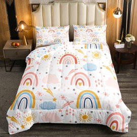Kids Rainbow Comforter Set Twin,Cute Boho Rainbow Girls Bedding Set Ultra Soft Sun and Stars Child Toddler Quilt Set Room Decor Lovely Rainbows Reversible Stars Duvet Set,Yellow Pink Blue