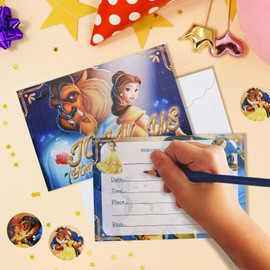16-piece set of Beauty birthday invitation envelopes and stickers, blue-themed party invitation cards, for and the Beast birthday party supplies, party decoration gift package