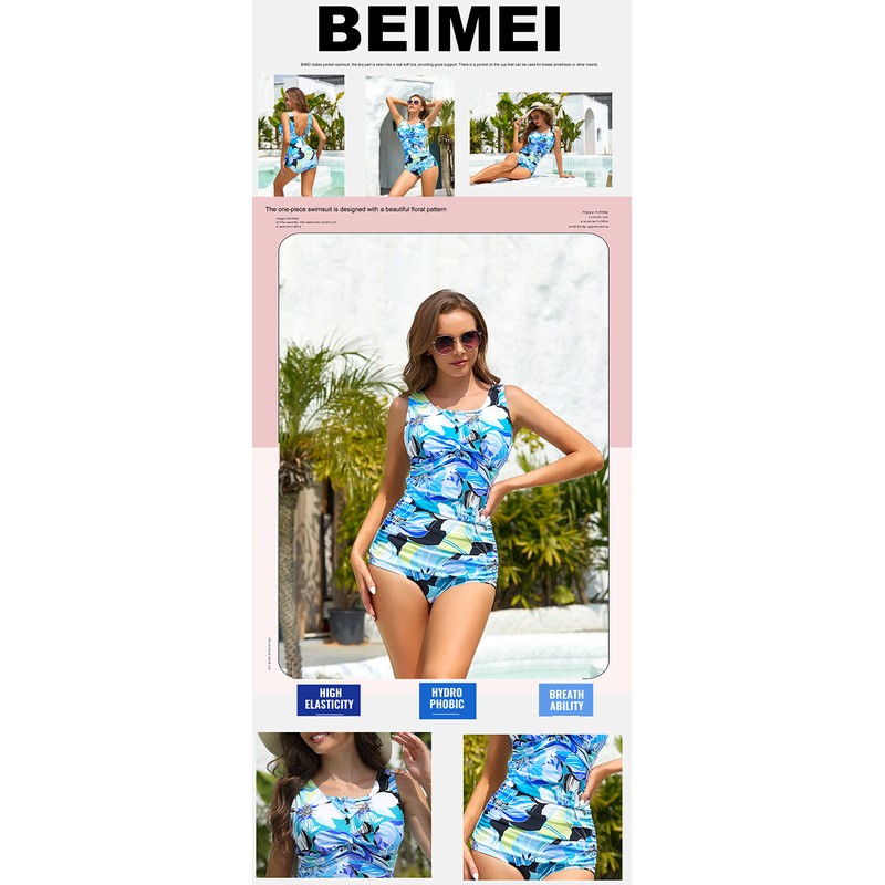 BIMEI Women's One-Piece High Neckline Pocketed Mastectomy Swimsuit010N (Blue, 2XL)
