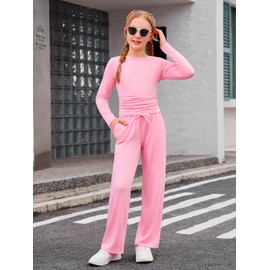 Haloumoning Girls 2 Piece Outfits Kids Ruched Long Sleeve Tops and Wide Leg Pants with Pockets Sweatsuit Clothing Sets