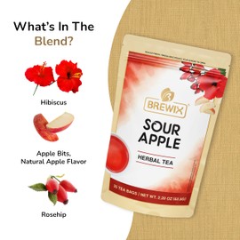 BREWIX, Sour Apple Hibiscus Tea Bags (25 Pyramid Tea Bags) Caffeine-Free Herbal Tea | Apple, Hibiscus, Rosehip | Refreshing Wellness Brew for Any Mood | Hot or Iced Refreshment