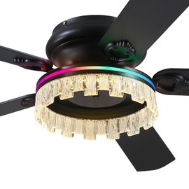 Asyko Ceiling Fans with Lights,52inch Low Profile RGB Ceiling fan and Remote Control, Dimmable, DC Reversible Motor, Noiseless, 6 Speeds, Black Ceiling Fan For Bedroom Indoor Outdoor