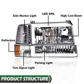 GRAND ORANGE LED DRL Headlights, Compatible with 1992-1996 Ford F150/ 92-97 F250 F350 Super Duty w/Corner Signal Chrome Housing Amber Reflector