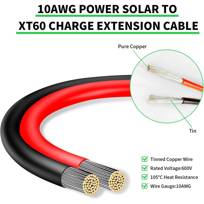 Solar Panel Connector to XT60 Connector Cable 50FT, 10AWG Solar