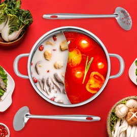 GXFCHYL 304 Stainless Steel Hot Pot with Divider, Double-flavor Shabu Shabu Pot with Glass Lid&Spoon/Leaky Spoon, Dual Sided Soup Cookware for Kitchen Cooking Hotels Restaurants (26cm/10.23in)