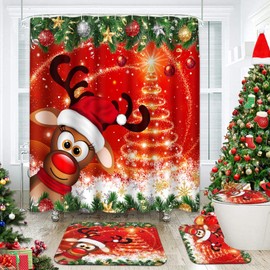 Bribay 4 Piece Christmas Shower Curtain Sets, Christmas Deer Pine Branches Abstract Xmas Tree with Non-Slip Rugs, Toilet Lid Cover and Bath Mat for Bathroom Decor Set, 72" x 72"