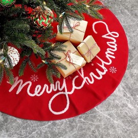 QLEKEY 24 Inch Christmas Tree Skirt Large Plush Xmas Red Tree Mat with Merry Christmas Patterns Holiday Decor Fur Ornament for Home Party Indoor