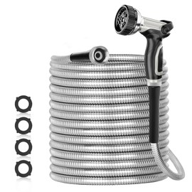 SPECILITE 200ft 304 Stainless Steel Garden Hose Metal, Heavy Duty Water Pipe with Nozzles for Yard, Outdoor - Flexible, Never Kink & Tangle, Puncture Resistant (Sliver)