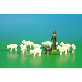 Miniature herd of sheep as complete assortment, 11-piece (1 Shepherd, 1 dog, 9 sheep) figure size = 5.5 cm animal size = 2.5 cm Christmas figures wood figures Seiffen ore mountains