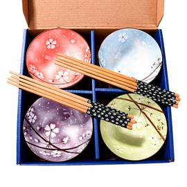 LMRLCS - Juego de 4 cuencos y palillos japoneses para arroz con caja delicada de cerámica para sopa y aperitivos, incluye cuatro colores