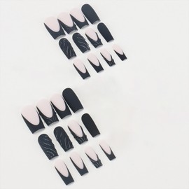 SINHOT Square Press on Nails Long - Black French Tip Fake Nails Glossy Glue on Nails 3D Swirl Acrylic Nail Squoval Artificial Nail Stick on False Nail with Design 24pcs