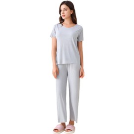 amropi Womens Summer Pyjamas Sets Ice Silk Satin Pajamas Set PJ Sets Short Sleeve Sleepwear Loungewear Light Grey, L