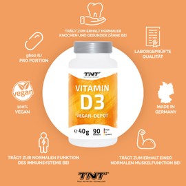TNT Vitamin D3 Capsules (90 Capsules) • 100% Vegan • High Dose Depot Capsules • Vitamin D3 High Dose • D3 Supplement • Made in Germany