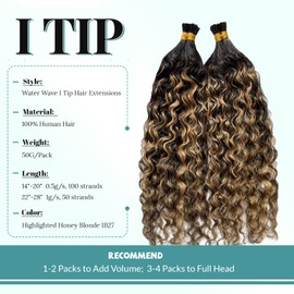 Microlink I Tip Hair Extensions Human Hair, Balayage Natural Black Ombre Caramel Brown Itip Human Hair Extensions Deep Water Wave Cold Fusion Keratin Tipped Hair 22in 1g/1s 50g/pack