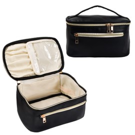 Makeup Bag Travel Cosmetic Bag Large Toiletry Bag with Handle Brush Compartment Wash Bag PU Leather Make Up Bag Organiser Bag for Girls and Women Travel Toiletry Makeup Organizer