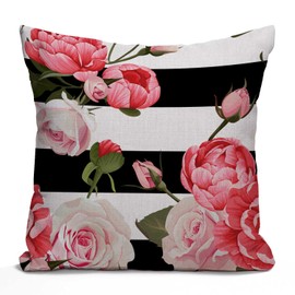 Tomda Cushion Cover Colorful Floral Peony and Roses Black and White Stripes Flowered Pink Abstract Decorative Throw Pillow Cover Pillow Case Home Decor Square 45x45cm 18x18 Inch Pillowcase
