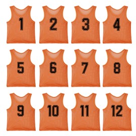GINUMWA Pinnies Team Practice Vests with Numbers for Child Youth Teen Adult, Mesh Scrimmage Jerseys for Soccer, Football, Basketball (Orange-12, Youth/Adult)