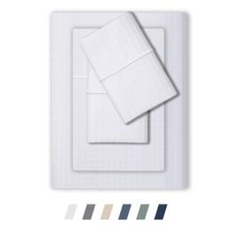 Feather & Stitch 500 Thread Count 100% Cotton Stripe Sheets + 2 Pillowcases, Soft Sateen Weave, Deep Pocket, Hotel Collection, Luxury Bedding Set (White, California King)