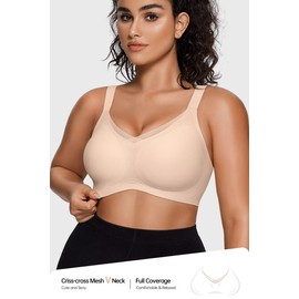 Vertvie Wireless Bras for Women Comfortable Supportive Mesh Crossover Bras Seamless Full Coverage No Underwire Everyday Bras (Nude,Large)
