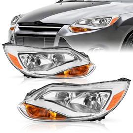 TUSDAR OEM Headlight Assembly Replacement for 2012 2013 2014 Ford Focus Factory Halogen Headlamp Pair Set (Chrome Housing with Amber Reflector)