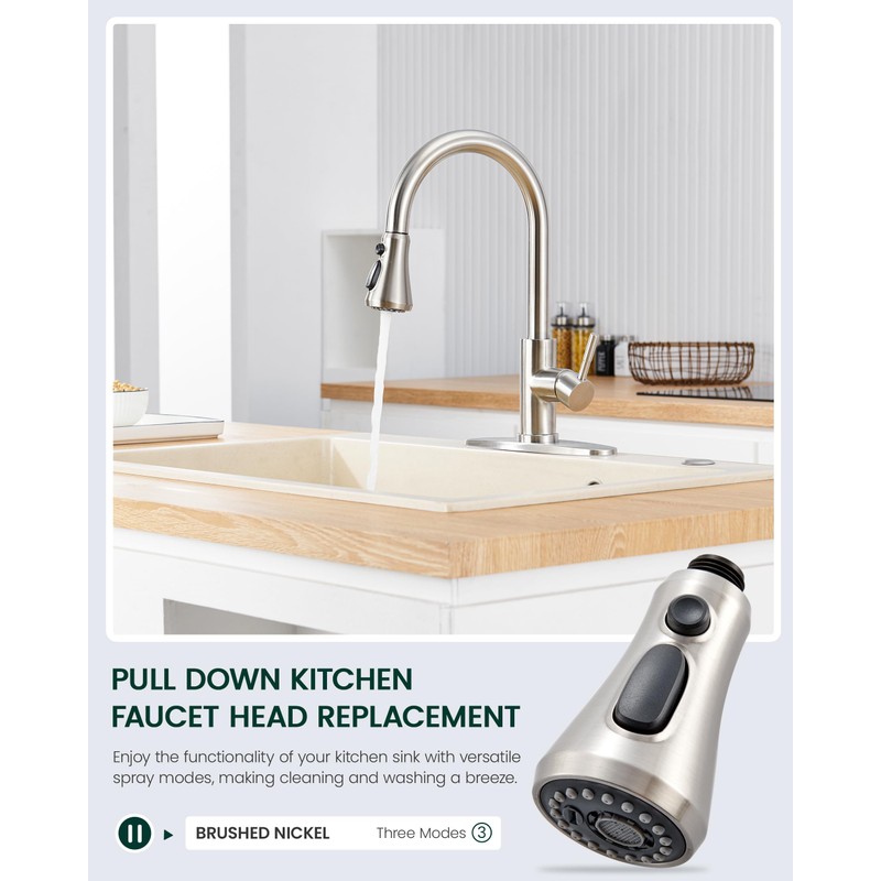 HEISOK Kitchen Faucet Head Replacement, 3-Function Pull Down Faucet Spray