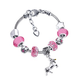 Zhanmai Unicorn Sparkly Crystal Charm Bracelet Bangle with Gift Box Set for Hers Lady(Light Pink,14 cm/ 5.5 Inches)