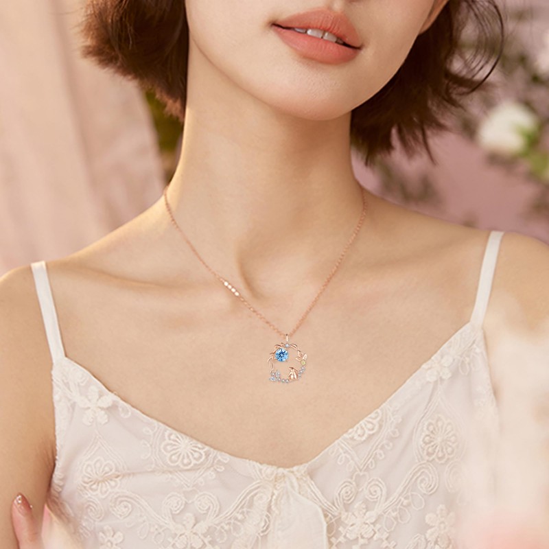 Silver Thunder Moon Rabbit Necklace, 925 Silver, Pink Gold, 12