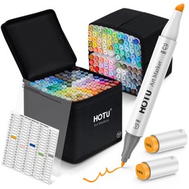 HOTU Alcohol Markers, [Beginner Preferred] 100 Vibrant Colors & Dual Tips Art Markers for Kids/Adult Coloring, with Pro Ink, Seamless Blend, Non-Bleeding Pad, & Color Card, for Amateurs/Artists