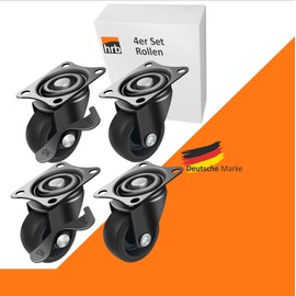 HRB Set of 4 swivel castors with brake, furniture castors small with max. load capacity 100 kg/set of castors, rotating castors for furniture with wheel diameter 40 mm, housing made of steel with