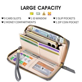 Pomelo Best Wallet Womens RFID Blocking Leather Multi Credit Card Large Capacity Zip Around Wallet Clutch Wristlet Travel Long Purse Grey