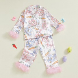 Toddler Baby Girl Easter Satin Pajamas Set Fuzzy Trim Button Down Sleep Shirt Bunny Pant Bottom Sleepwear Loungewear (Pink 3, 4-5 Years)