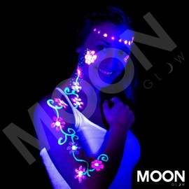 Moon Glow - Neon Blacklight UV Face & Body Paint - 0.42oz Set of 16 - includes 7x Intense and 7x Pastel colours plus White and Black. Blacklight Keyring also included!